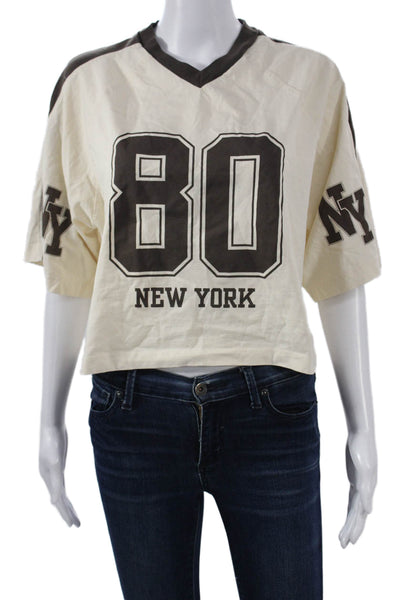 Zara Women Cropped Jersey T-Shirt Beige V-Neck Short Sleeve Graphic Size S