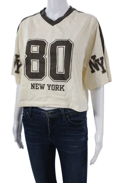 Zara Women Cropped Jersey T-Shirt Beige V-Neck Short Sleeve Graphic Size S