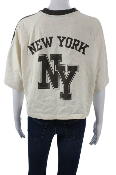 Zara Women Cropped Jersey T-Shirt Beige V-Neck Short Sleeve Graphic Size S