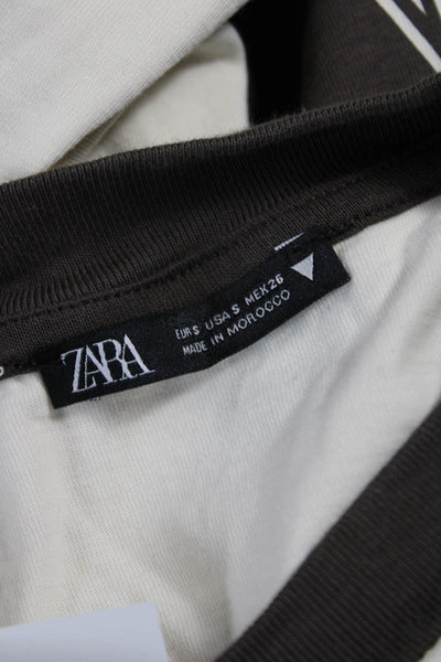 Zara Women Cropped Jersey T-Shirt Beige V-Neck Short Sleeve Graphic Size S
