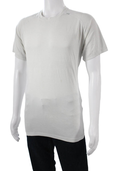 Lululemon Mens White Striped Crew Neck Short Sleeve Nylon Blend T-Shirt Size L
