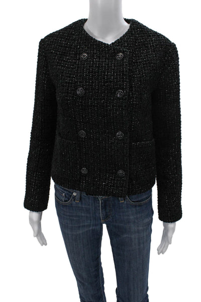 Chanel Womens Jacket Black Silk Cotton Blend Round Neck Long Sleeve Size 34