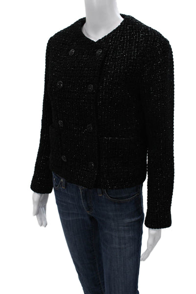 Chanel Womens Jacket Black Silk Cotton Blend Round Neck Long Sleeve Size 34