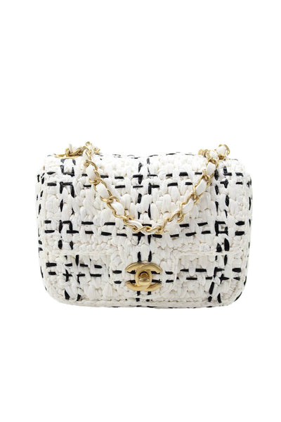 Chanel Women's Tweed Raffia Mini Square Gold Hardware White Crossbody Handbag