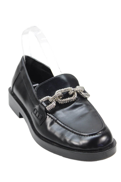 Zara Womens Slip On Crystal Chain Detail Leather Loafers Black Size 39