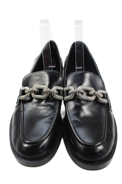Zara Womens Slip On Crystal Chain Detail Leather Loafers Black Size 39