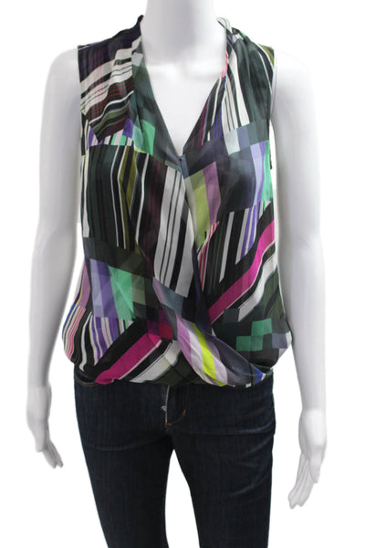 Trina Turk Womens Black Geometric Silk V-Neck Sleeveless Blouse Size S