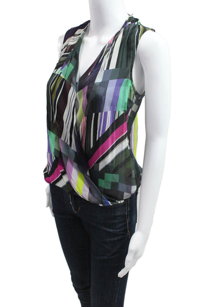 Trina Turk Womens Black Geometric Silk V-Neck Sleeveless Blouse Size S