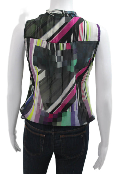 Trina Turk Womens Black Geometric Silk V-Neck Sleeveless Blouse Size S