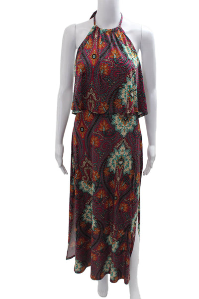 Veronica M Women Maxi Dress Purple Paisley High Neck Button Sleeveless Size S