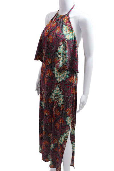 Veronica M Women Maxi Dress Purple Paisley High Neck Button Sleeveless Size S