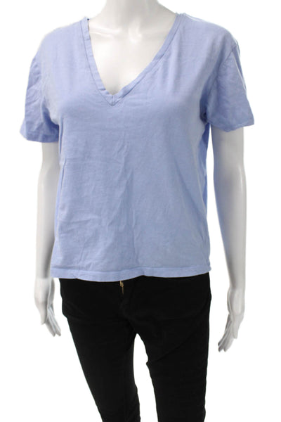 Zara Women Basic V-Neck Light Blue Cotton Short Sleeve T-Shirt Zip Size M