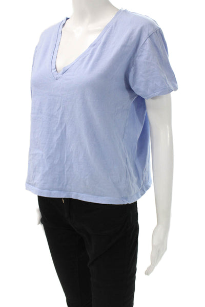Zara Women Basic V-Neck Light Blue Cotton Short Sleeve T-Shirt Zip Size M