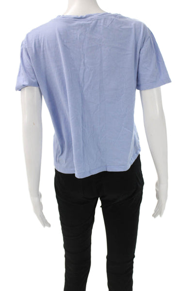 Zara Women Basic V-Neck Light Blue Cotton Short Sleeve T-Shirt Zip Size M