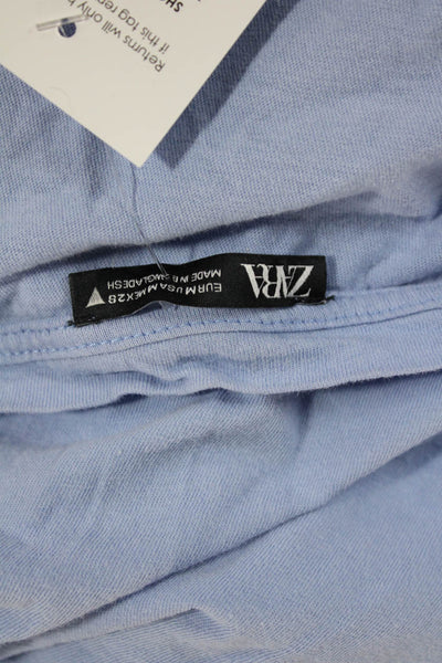 Zara Women Basic V-Neck Light Blue Cotton Short Sleeve T-Shirt Zip Size M