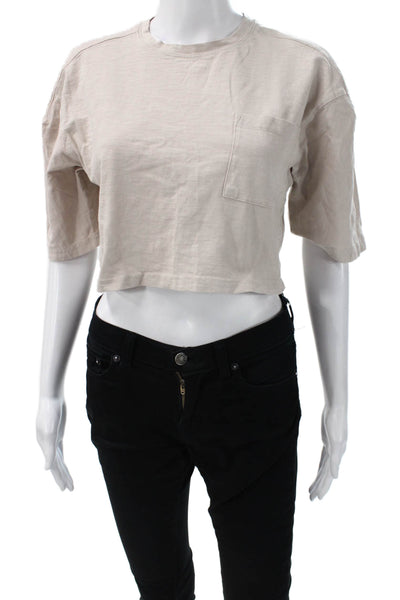 Zara Women Cropped Basic T-Shirt Beige Cotton Short Sleeve Crew Neck Size S