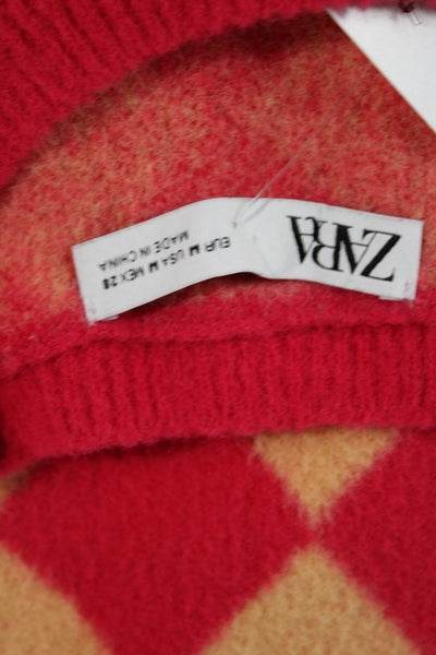 Zara Unisex Red Argyle Crew Neck Acrylic Pullover Long Sleeve Size M