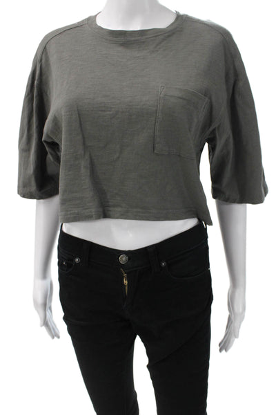 Zara Womens Cropped Basic Dark Gray Cotton Crew Neck 3/4 Sleeve T-Shirt Size S