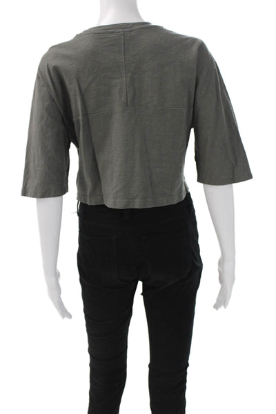 Zara Womens Cropped Basic Dark Gray Cotton Crew Neck 3/4 Sleeve T-Shirt Size S