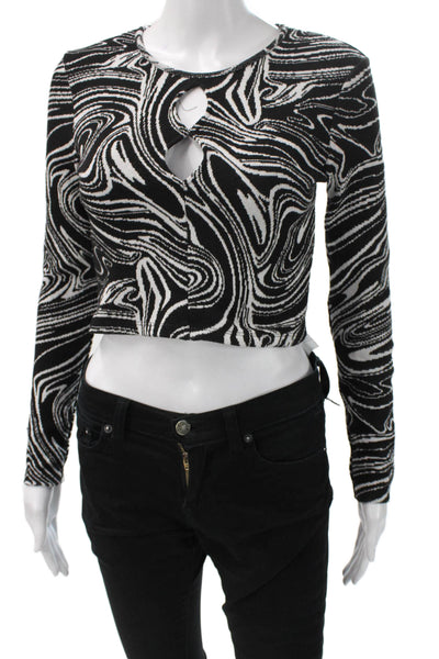 Zara Women Cropped Black Long Sleeve Graphic Round Neck Zip Top Size M