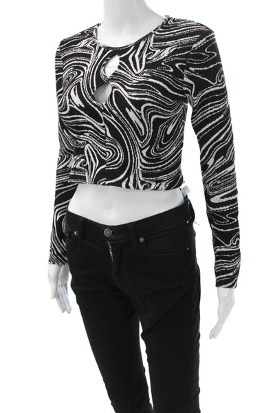 Zara Women Cropped Black Long Sleeve Graphic Round Neck Zip Top Size M