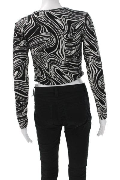 Zara Women Cropped Black Long Sleeve Graphic Round Neck Zip Top Size M