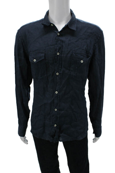 120% Lino Mens Linen Long Sleeve Collared Button-Down Shirt Blue Size 2XL