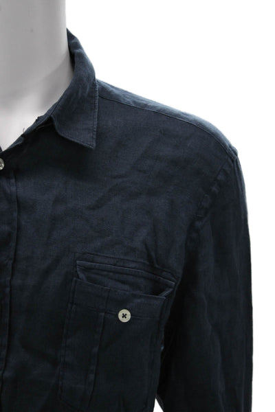 120% Lino Mens Linen Long Sleeve Collared Button-Down Shirt Blue Size 2XL