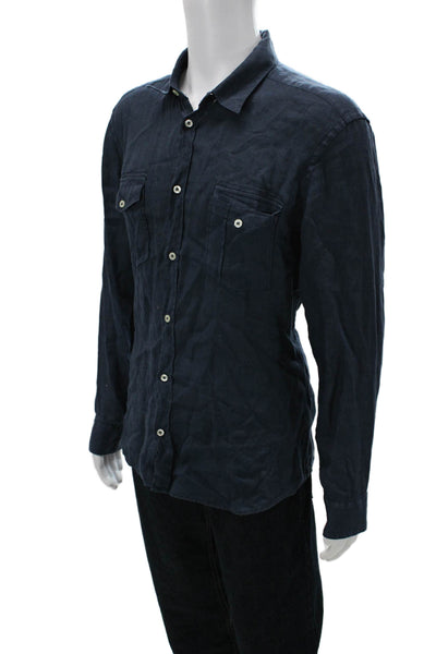 120% Lino Mens Linen Long Sleeve Collared Button-Down Shirt Blue Size 2XL