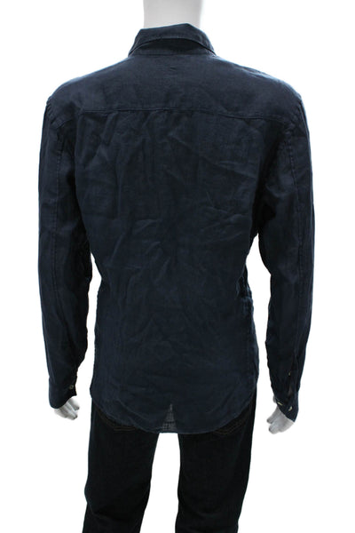 120% Lino Mens Linen Long Sleeve Collared Button-Down Shirt Blue Size 2XL