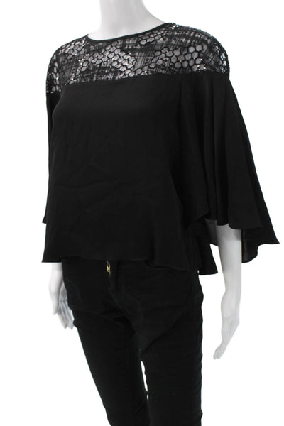 Milly Women Black Round Neck Button 3/4 Sleeve Nylon Blouse Size 0
