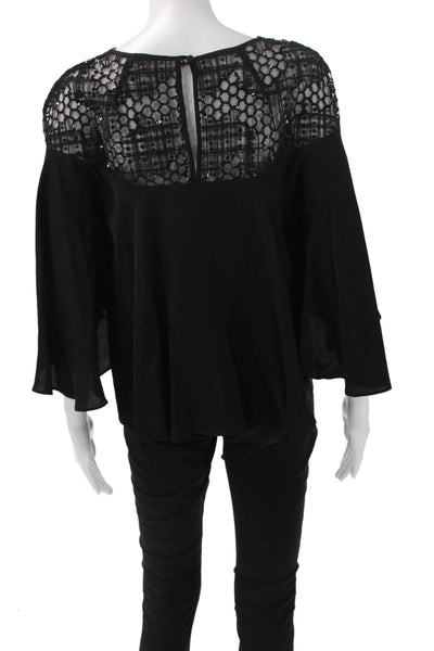 Milly Women Black Round Neck Button 3/4 Sleeve Nylon Blouse Size 0