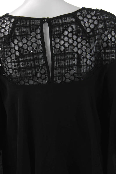 Milly Women Black Round Neck Button 3/4 Sleeve Nylon Blouse Size 0