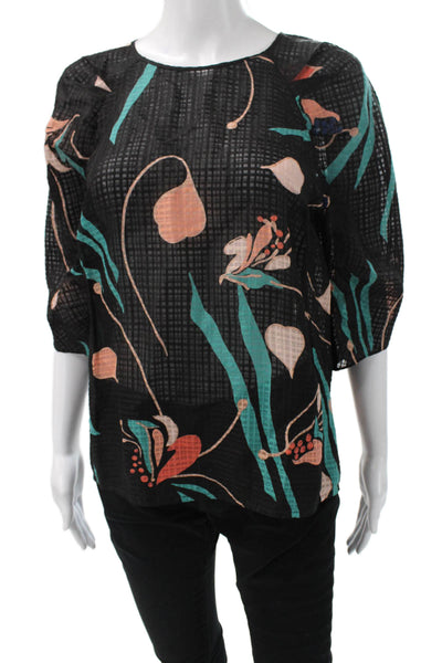 Rebecca Taylor Women Black Floral 3/4 Sleeve Silk Linen Blouse Size 6