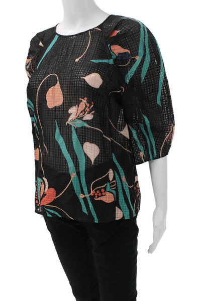 Rebecca Taylor Women Black Floral 3/4 Sleeve Silk Linen Blouse Size 6