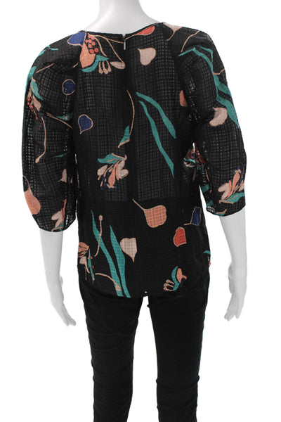 Rebecca Taylor Women Black Floral 3/4 Sleeve Silk Linen Blouse Size 6