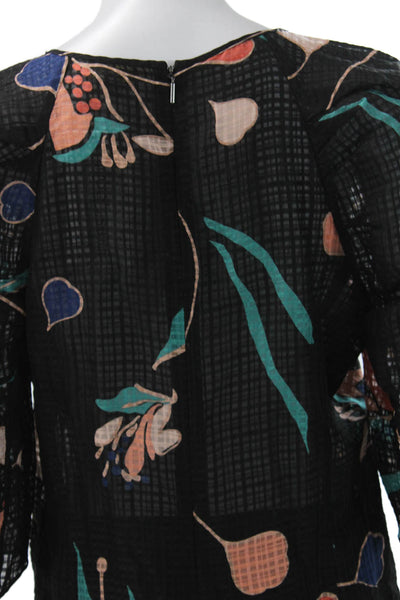 Rebecca Taylor Women Black Floral 3/4 Sleeve Silk Linen Blouse Size 6