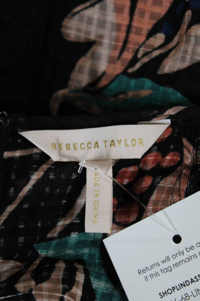 Rebecca Taylor Women Black Floral 3/4 Sleeve Silk Linen Blouse Size 6