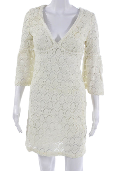 Trina Turk Women Shift Mini V-Neck Geometric White 3/4 Sleeve Dress Size 4