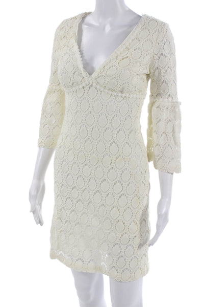 Trina Turk Women Shift Mini V-Neck Geometric White 3/4 Sleeve Dress Size 4