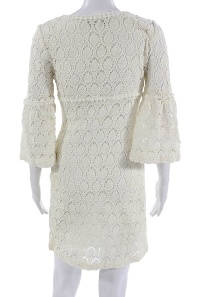 Trina Turk Women Shift Mini V-Neck Geometric White 3/4 Sleeve Dress Size 4