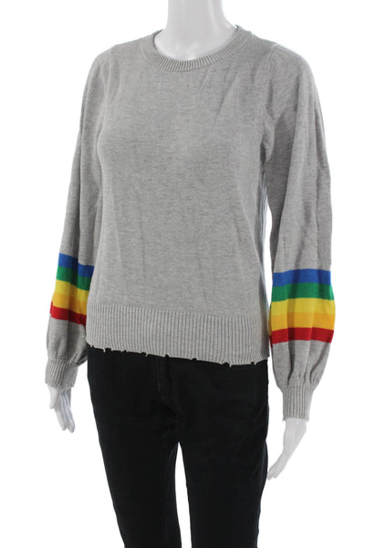 Central Park West Unisex Gray Striped Rainbow Pullover Sweater Crew Neck Size S