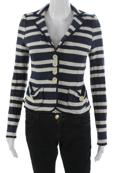 Nanette Lepore Women Blazer Dark Blue Striped Cotton Collar Long Sleeve Size XS