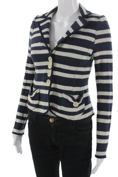 Nanette Lepore Women Blazer Dark Blue Striped Cotton Collar Long Sleeve Size XS