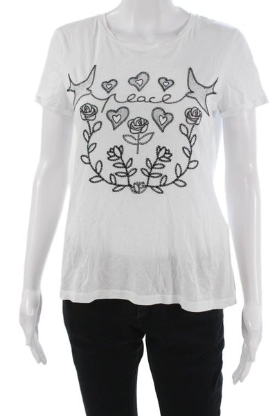 Sandro Womens White Cotton Crew Neck T-Shirt Graphic Bird Print Size 1