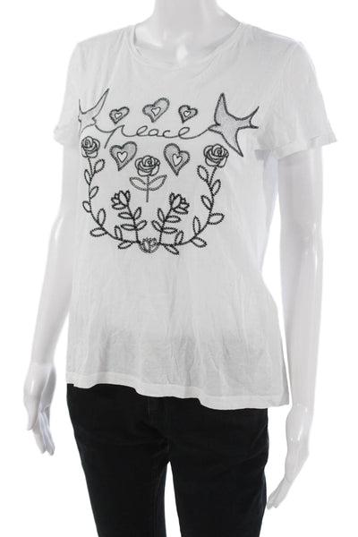 Sandro Womens White Cotton Crew Neck T-Shirt Graphic Bird Print Size 1
