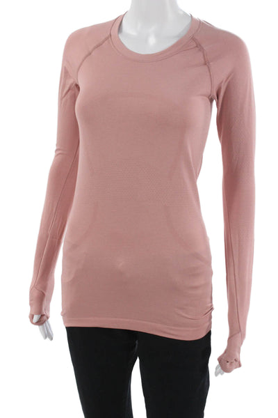 Lululemon Women Basic Long Sleeve T-Shirt Pink Crew Neck Nylon Blend Size XS
