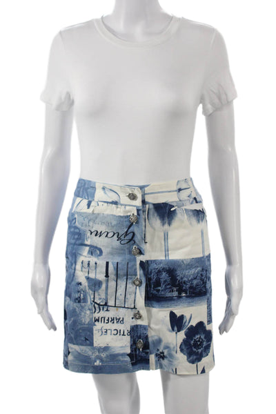 Kenzo Womens Blue Graphic Cotton Spandex Mini Straight Pencil Skirt Size 40