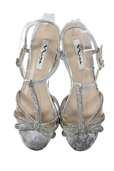 Nina Womens Rhinestoned Bow Accent Strappy Open Toe Heels Silver Size 10