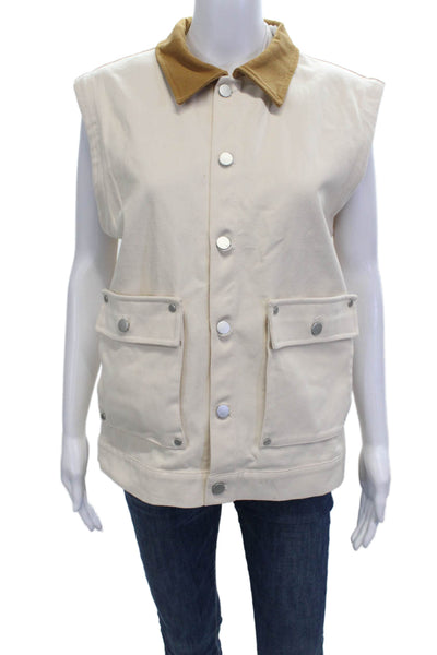 Yital Unisex Cotton Collared Sleeveless Vest Beige Snap Size S